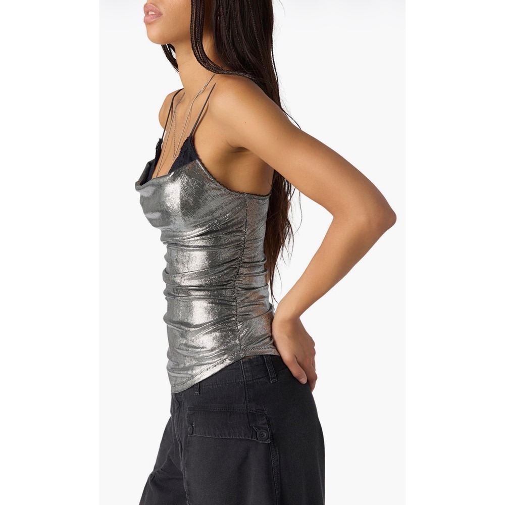 Free People Metallic Silver Ruched Midnight Luster Cowl Neck Cami NWOT